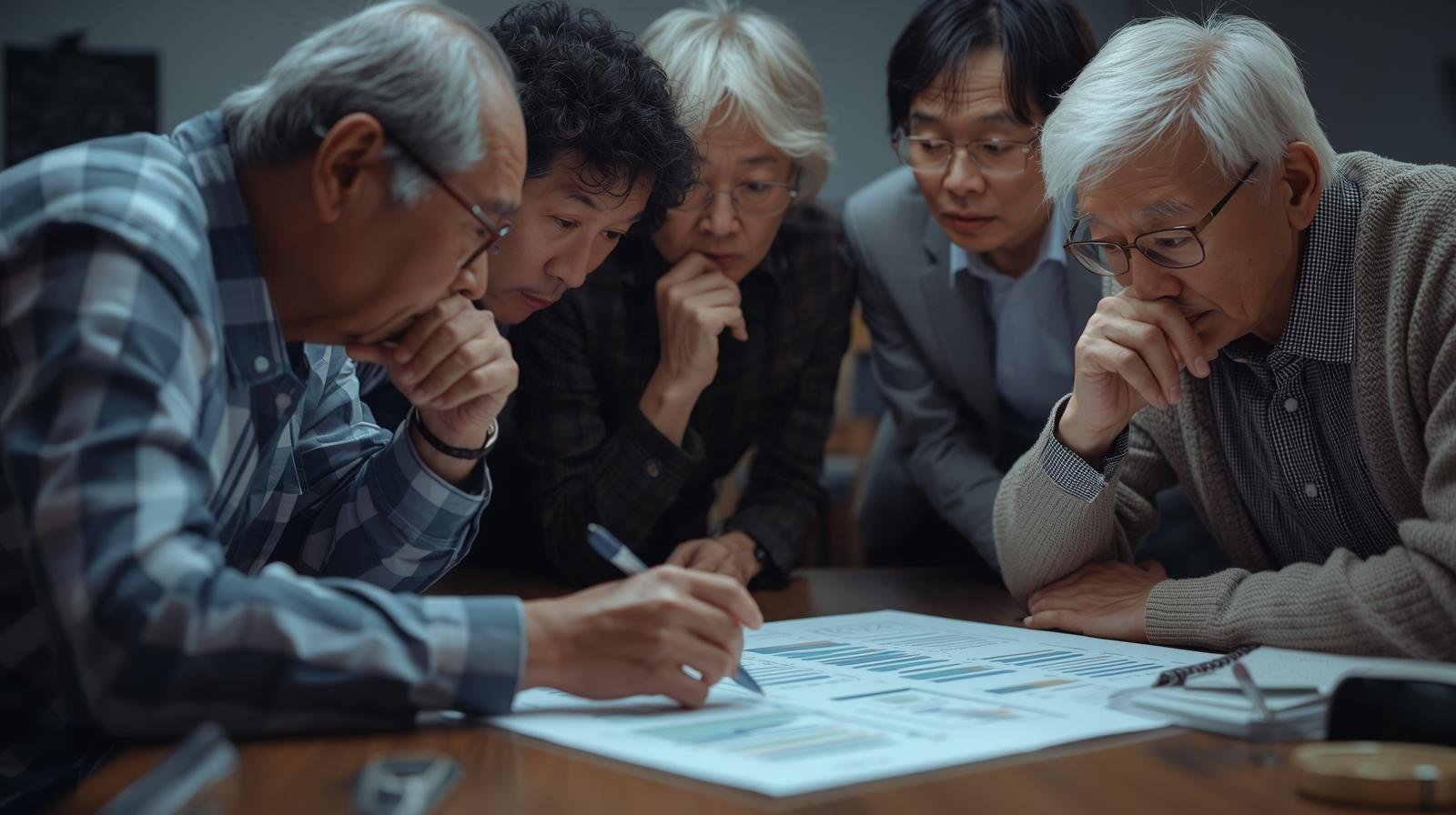 Asian linguists reviewing documents.